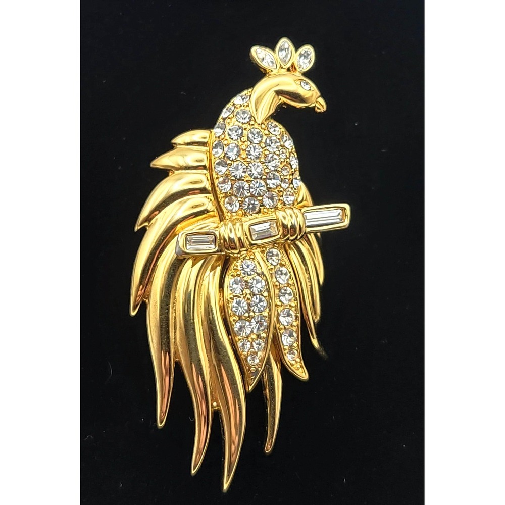 Vintage Monet Bird Brooch Gold Tone Rhinestone Pavé Pin Baguette Crystal Signed